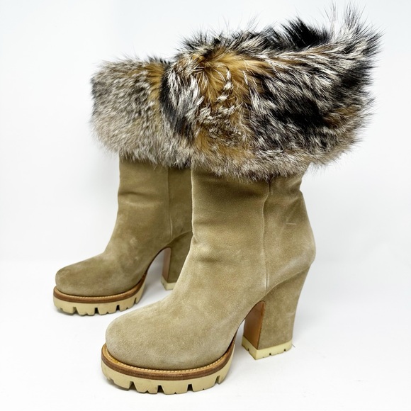 Prada Suede Fur Trim Heeled Boots Beige Tan Platform Lug Sole Size 39 - Picture 1 of 10